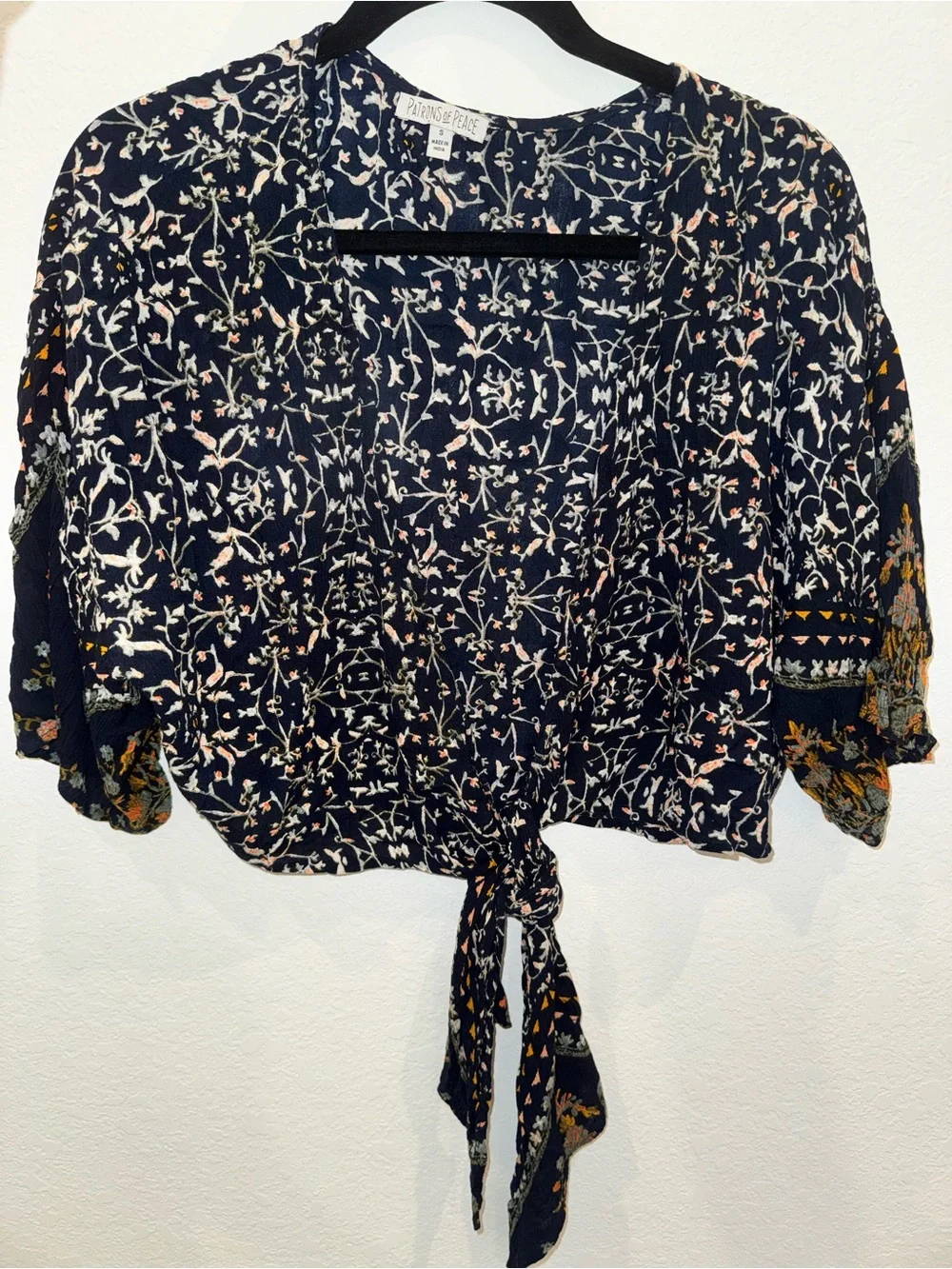 Patrons of Peace -  Navy Floral Tie-Front Cropped Summer Blouse | Boho